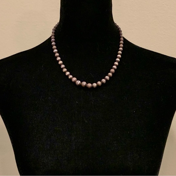 Dark Purple Cat’s Eye Stone Smooth Round Beaded Necklace Gold Barrel Clasp 17” - Picture 3 of 7